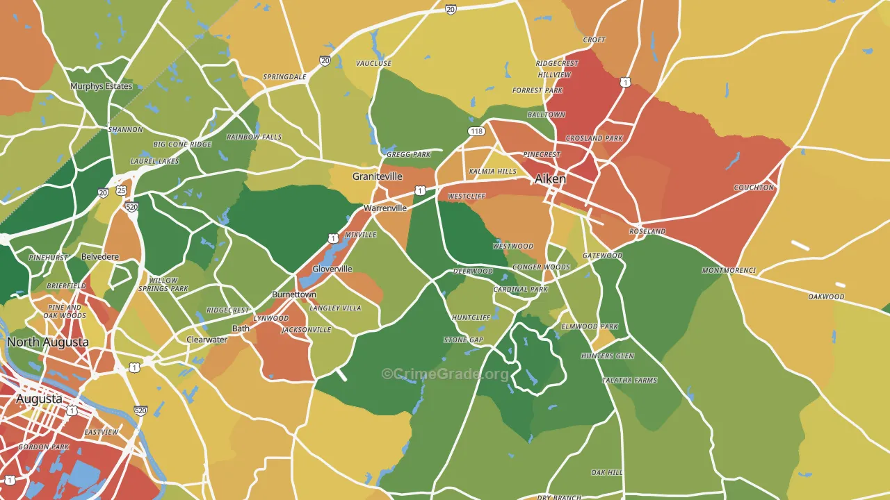 Aiken County, SC Map of Burglary Rates