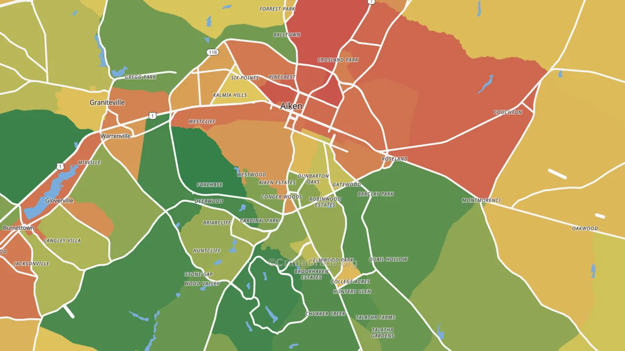 Aiken, SC Map of Burglary Rates