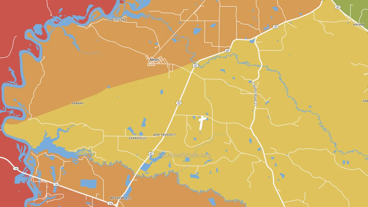 Akron, AL Map of Burglary Rates
