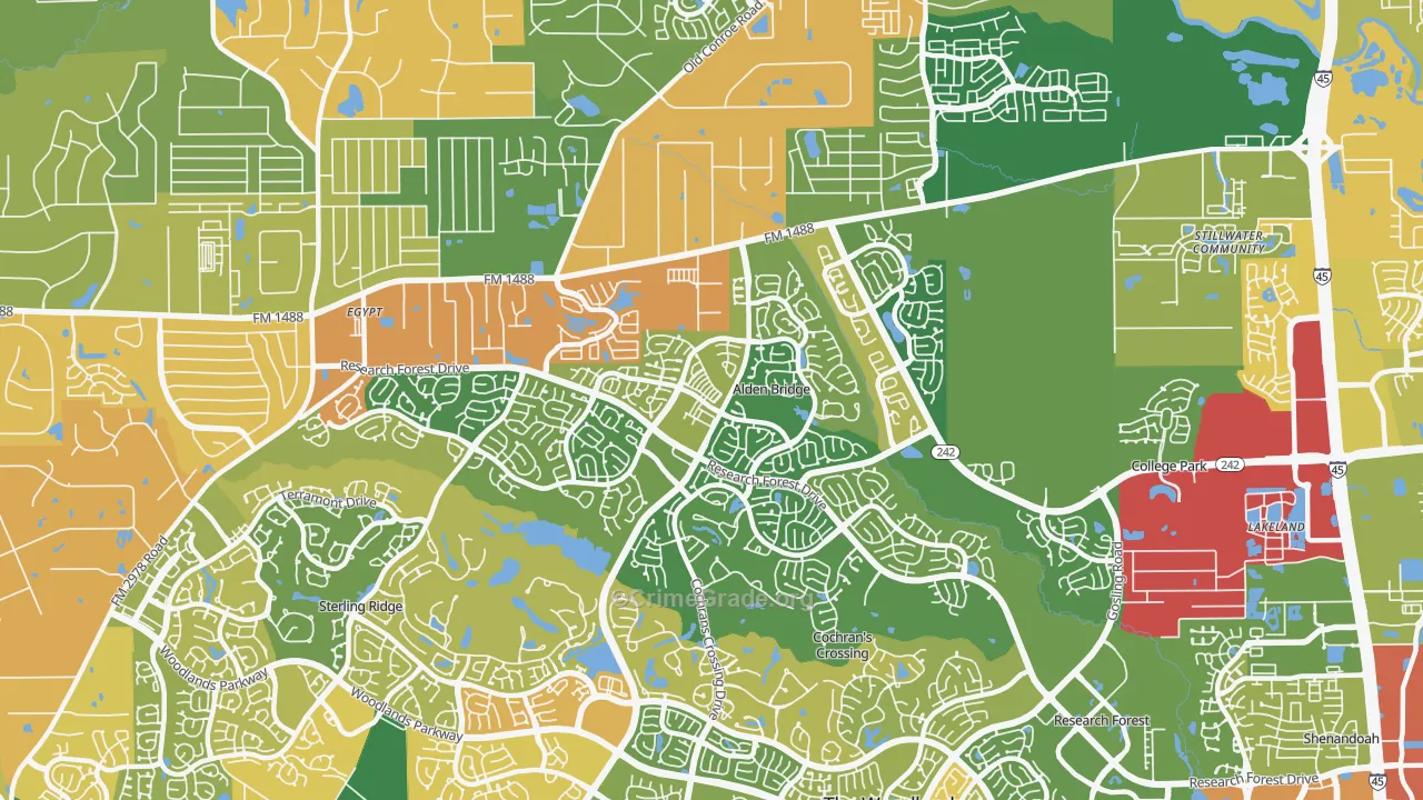 Alden Bridge, The Woodlands, TX Map of Burglary Rates