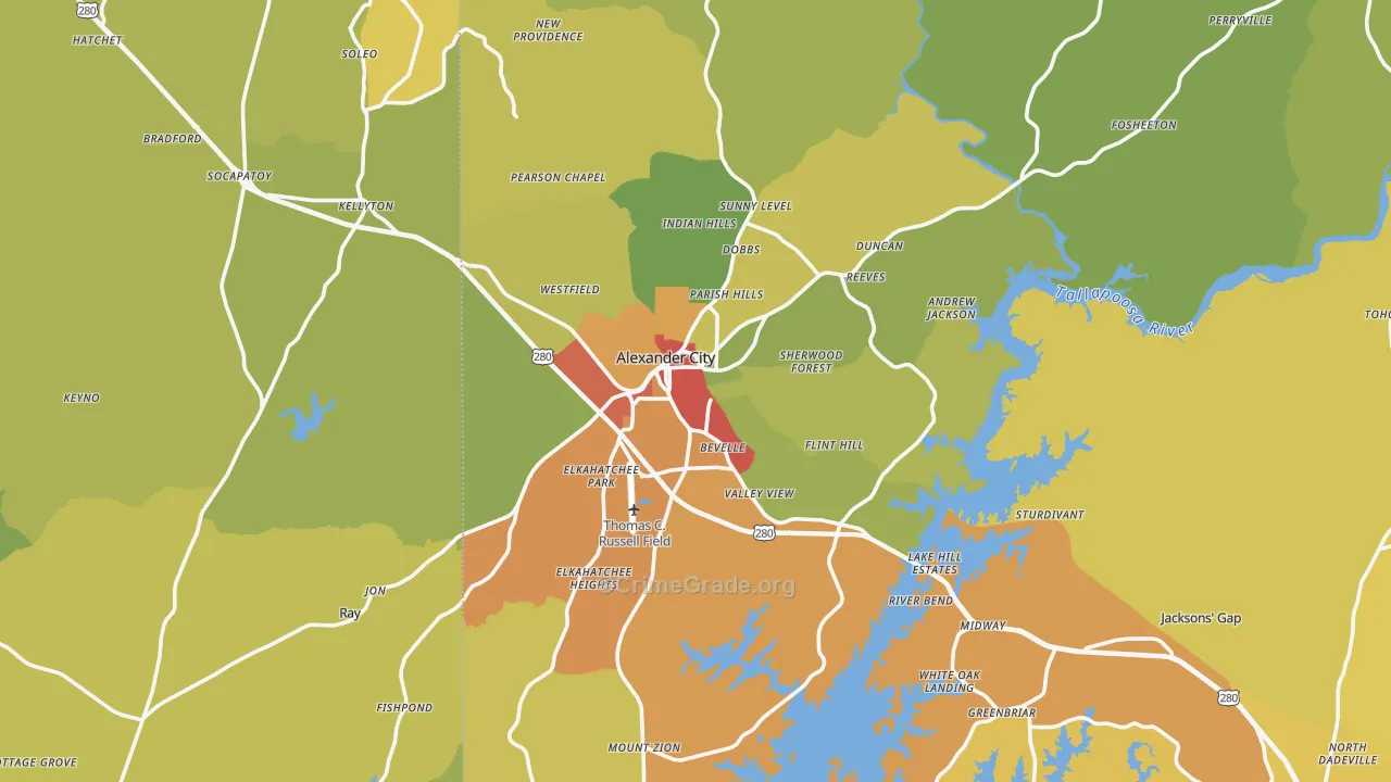 Alexander City, AL Map of Burglary Rates