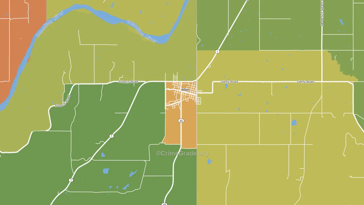 Allen, OK Map of Burglary Rates