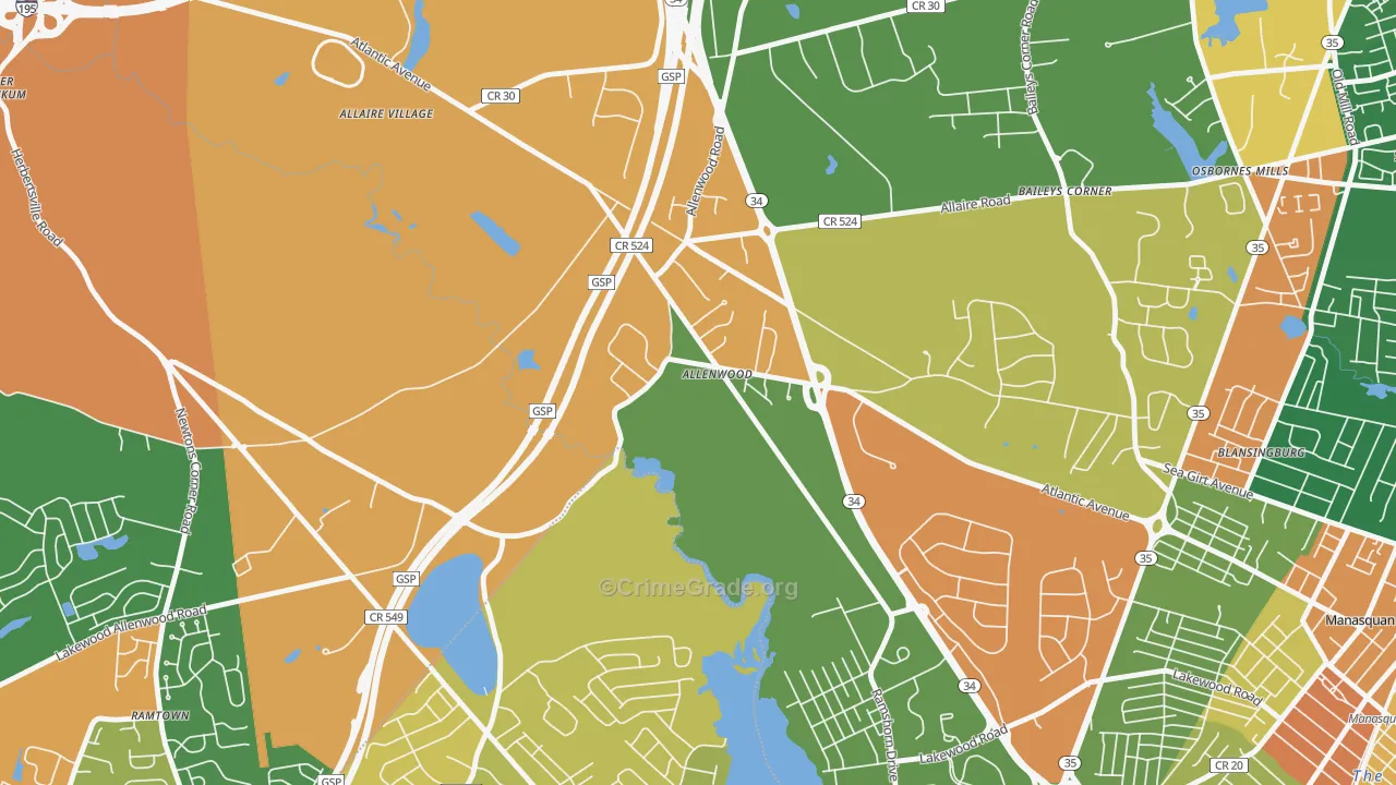 Allenwood, NJ Map of Burglary Rates