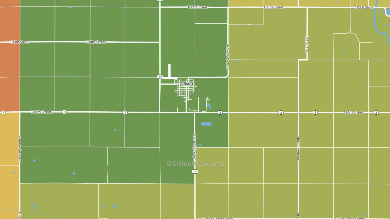 Allison, IA Map of Burglary Rates