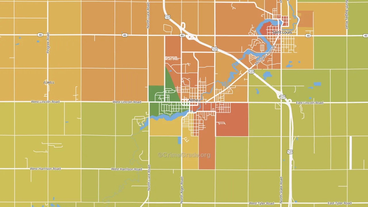 Alma, MI Map of Burglary Rates