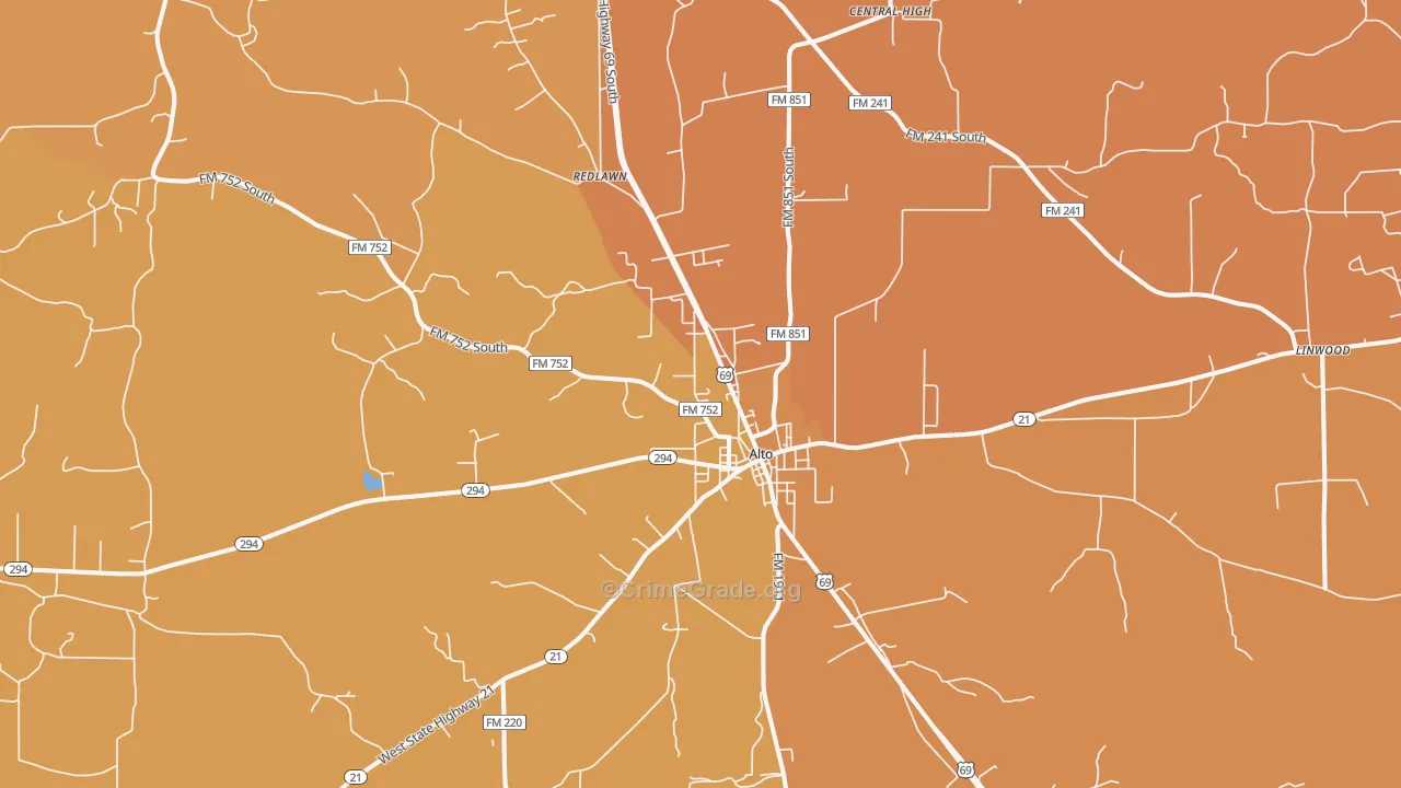 Alto, TX Map of Burglary Rates