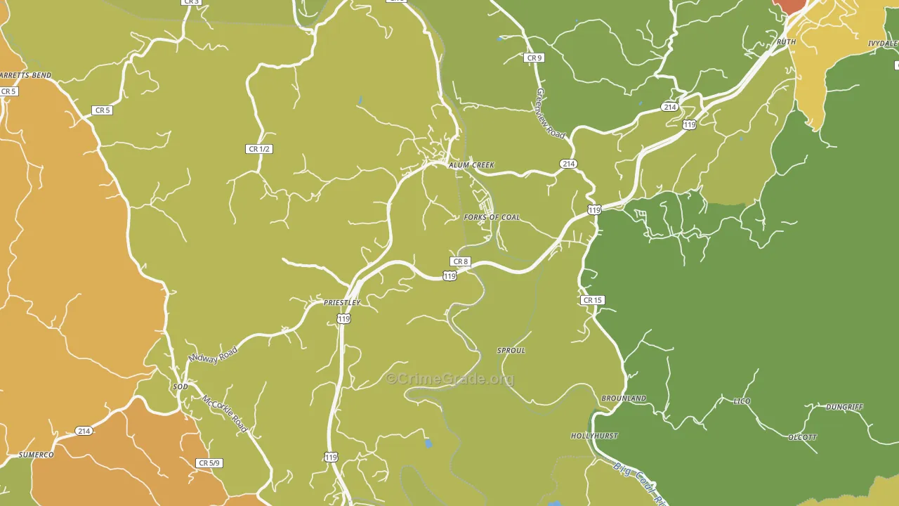 Alum Creek, WV Map of Burglary Rates