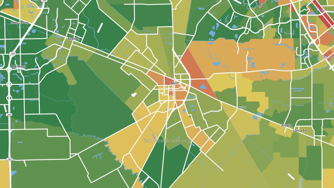 Alvin, TX Map of Burglary Rates