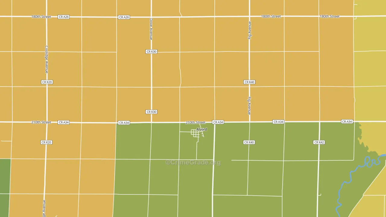 Alvord, IA Map of Burglary Rates