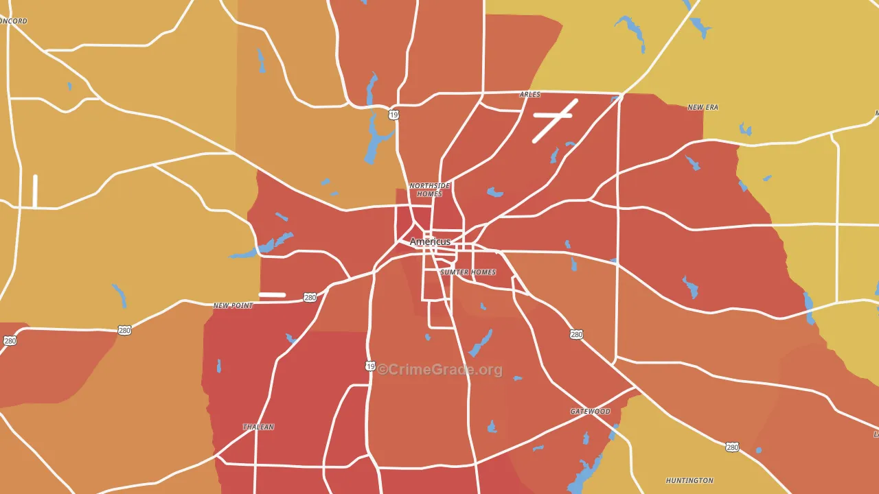Americus, GA Map of Burglary Rates