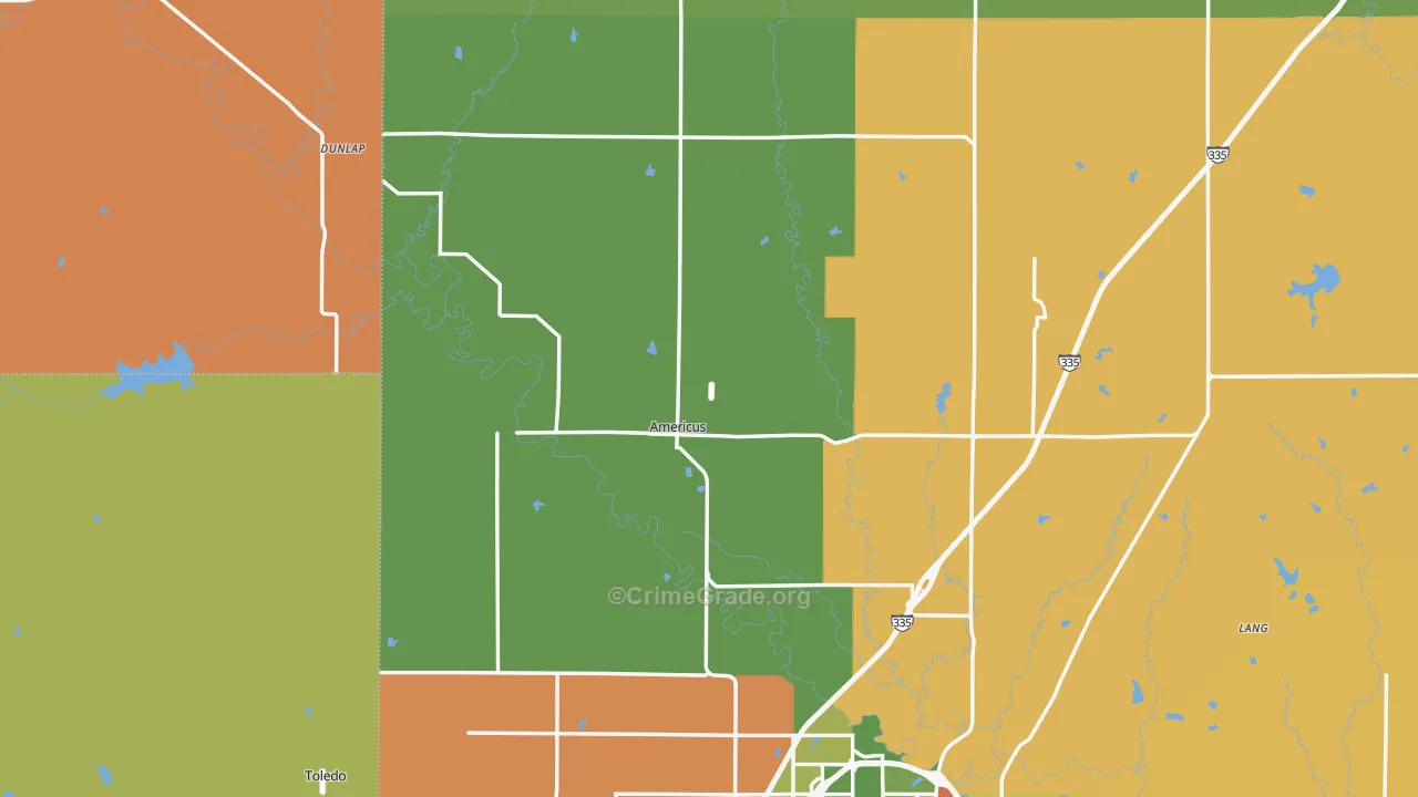 Americus, KS Map of Burglary Rates