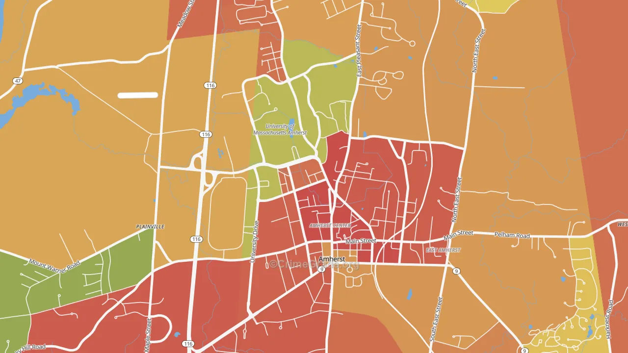 Amherst Center, MA Map of Burglary Rates