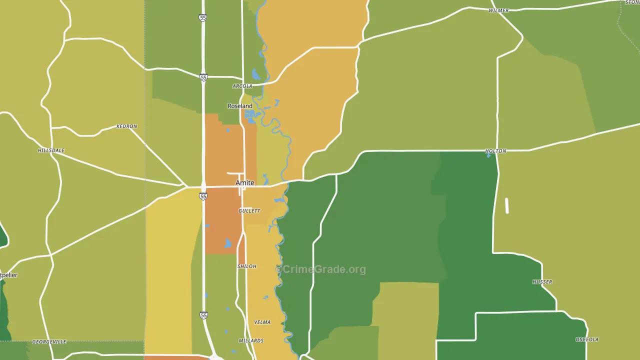 Amite, LA Map of Burglary Rates
