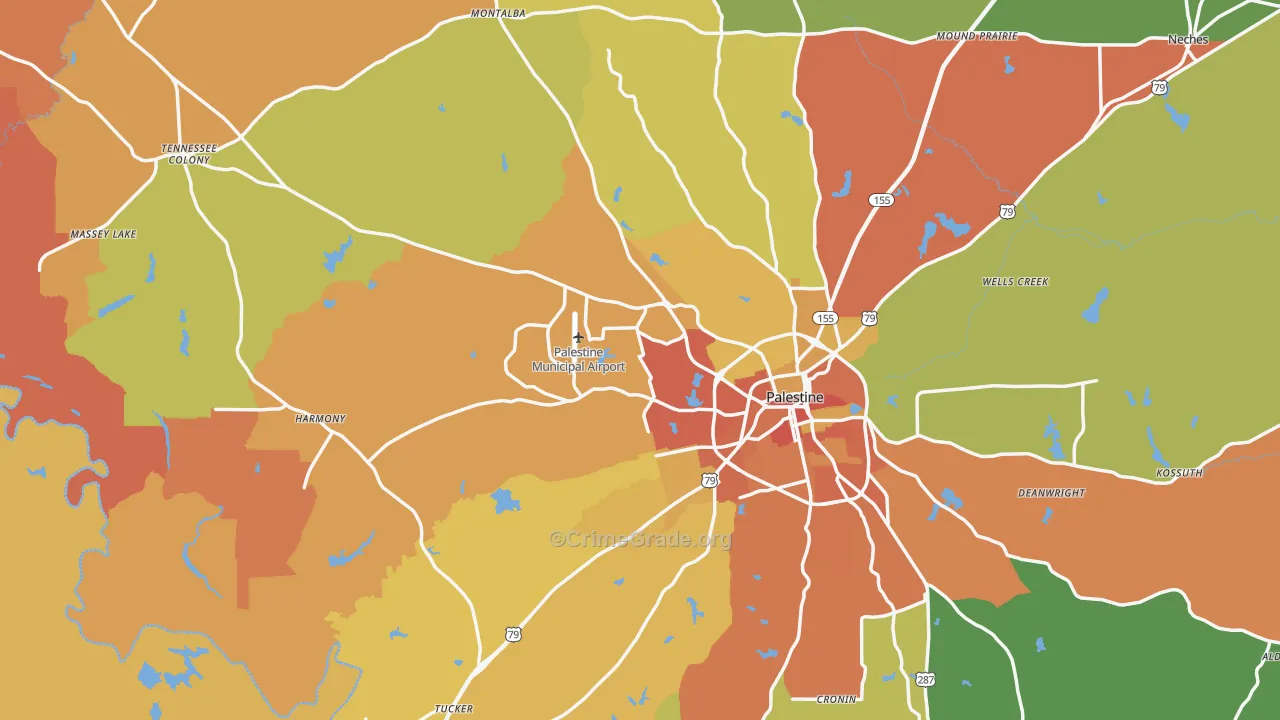 Anderson County, TX Map of Burglary Rates
