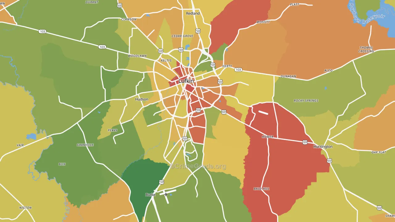 Angelina County, TX Map of Burglary Rates