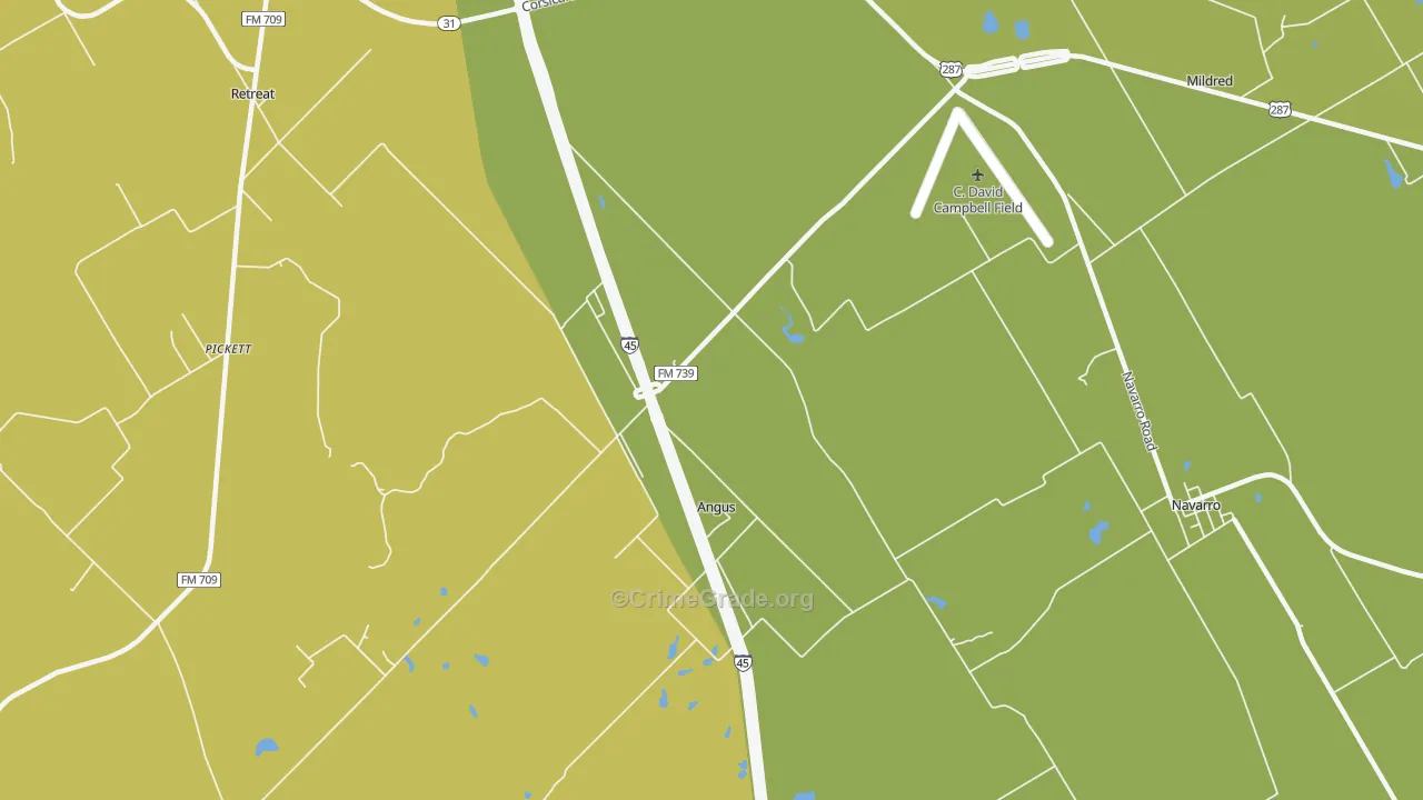 Angus, TX Map of Burglary Rates