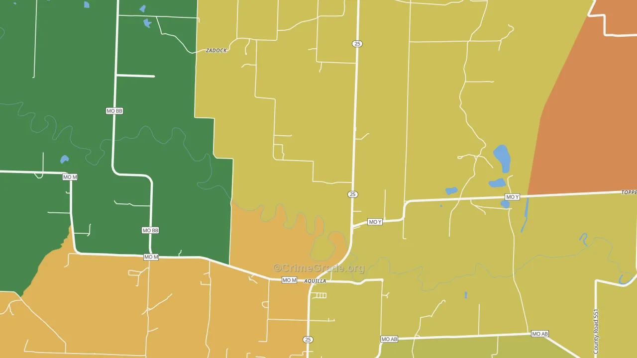 Aquilla, MO Map of Burglary Rates