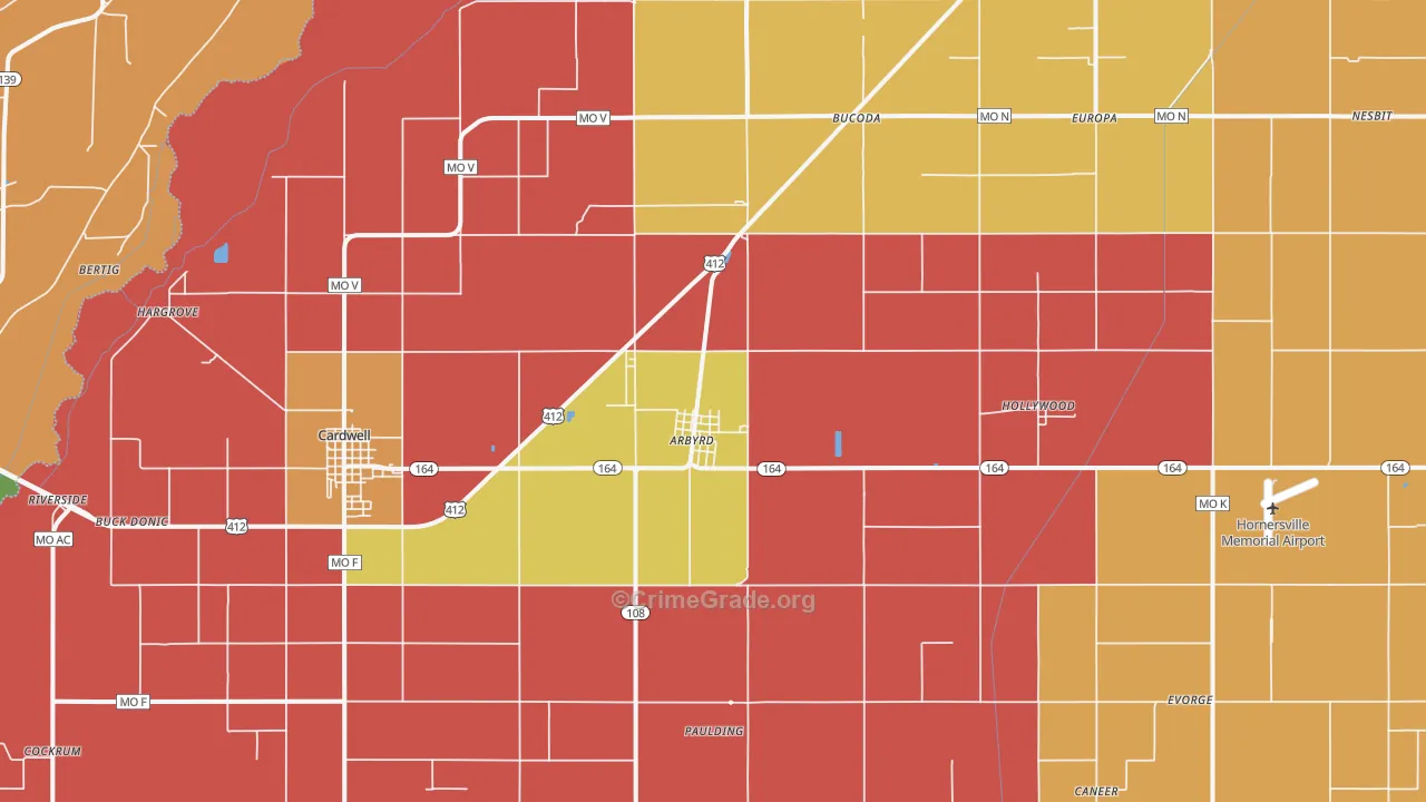 Arbyrd, MO Map of Burglary Rates