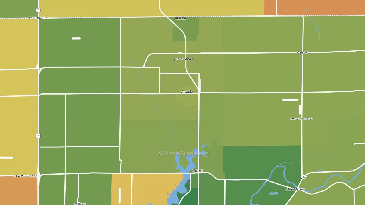 Arcadia, IN Map of Burglary Rates