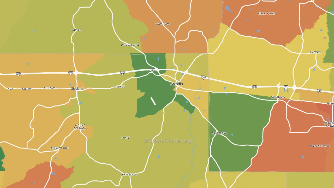 Arcadia, LA Map of Burglary Rates