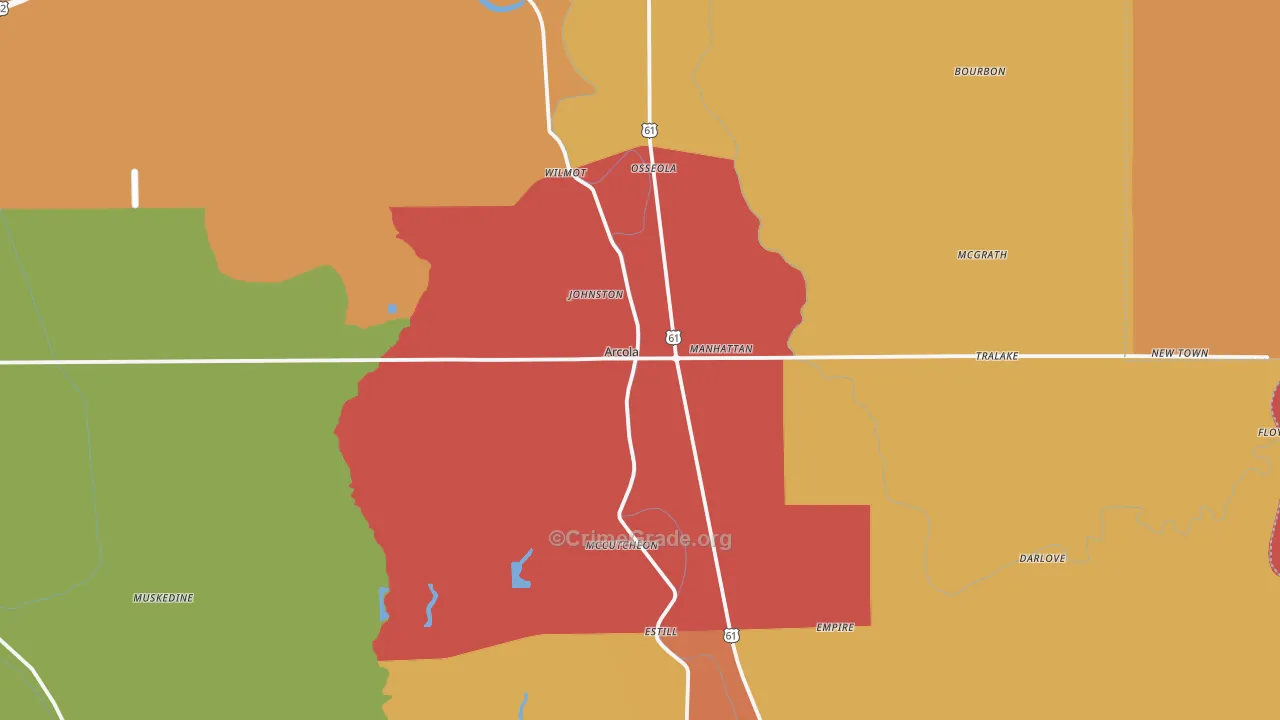 Arcola, MS Map of Burglary Rates