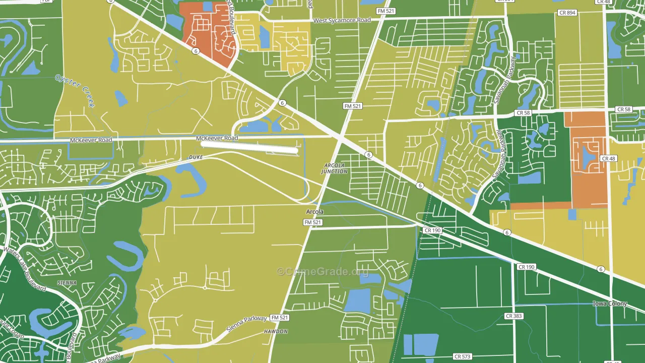 Arcola, TX Map of Burglary Rates