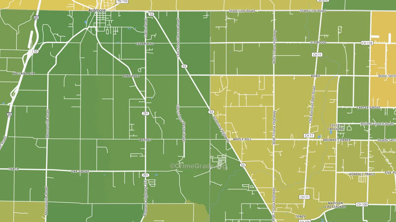 Ardmore, AL Map of Burglary Rates
