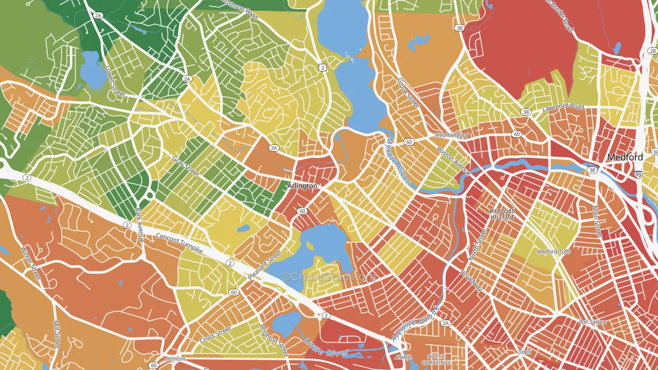 Arlington Center, Arlington, MA Map of Burglary Rates