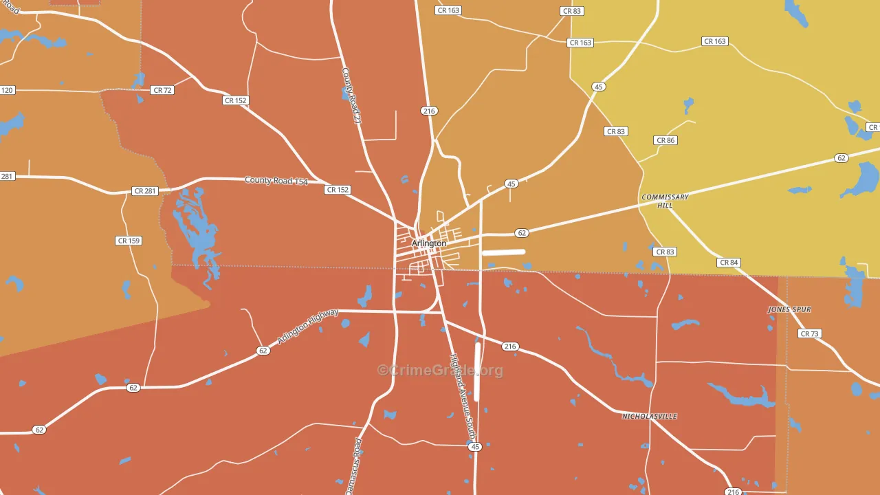 Arlington, GA Map of Burglary Rates