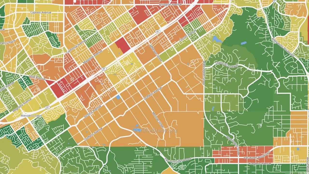 Arlington Heights, Riverside, CA Map of Burglary Rates