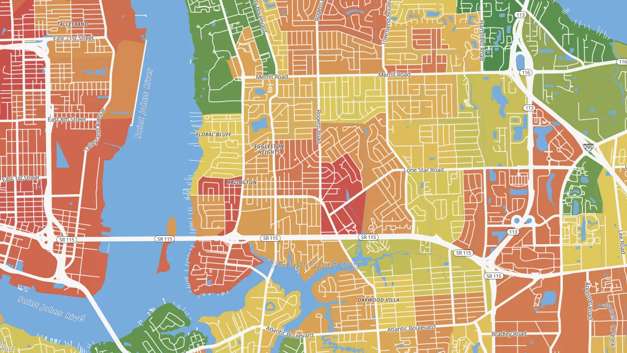 Arlington, Jacksonville, FL Map of Burglary Rates