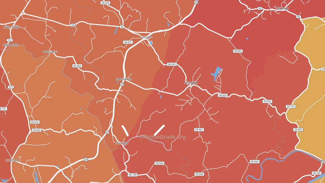 Arrington, VA Map of Burglary Rates