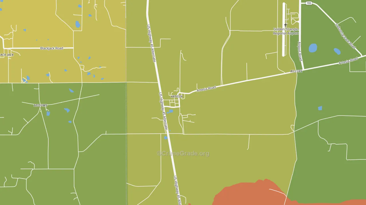 Artesia, MS Map of Burglary Rates