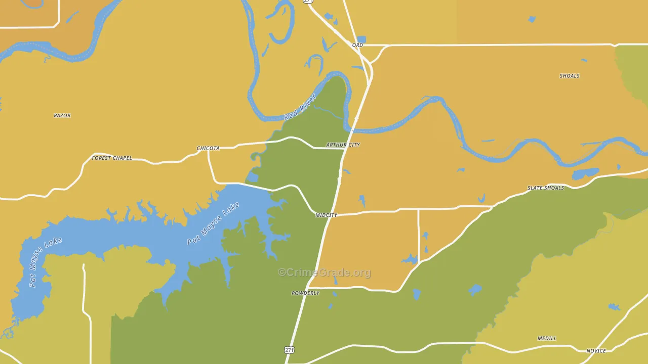 Arthur City, TX Map of Burglary Rates