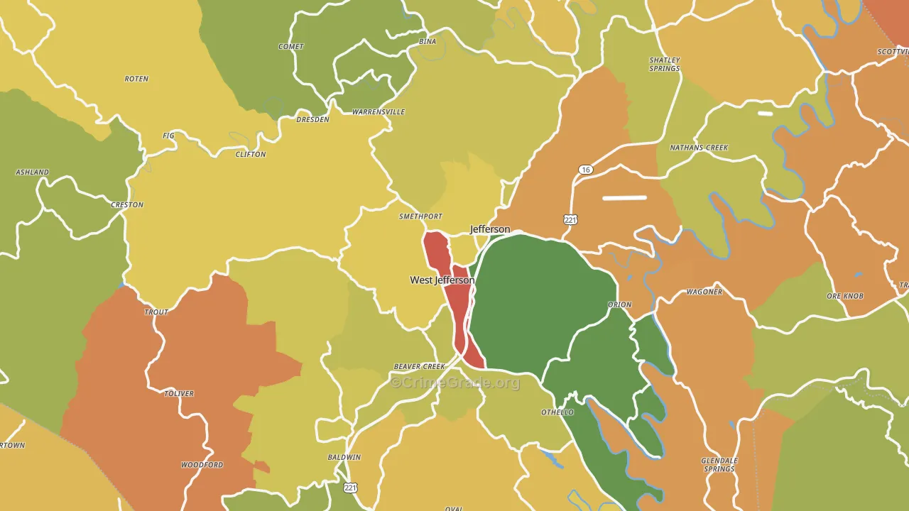Ashe County, NC Map of Burglary Rates