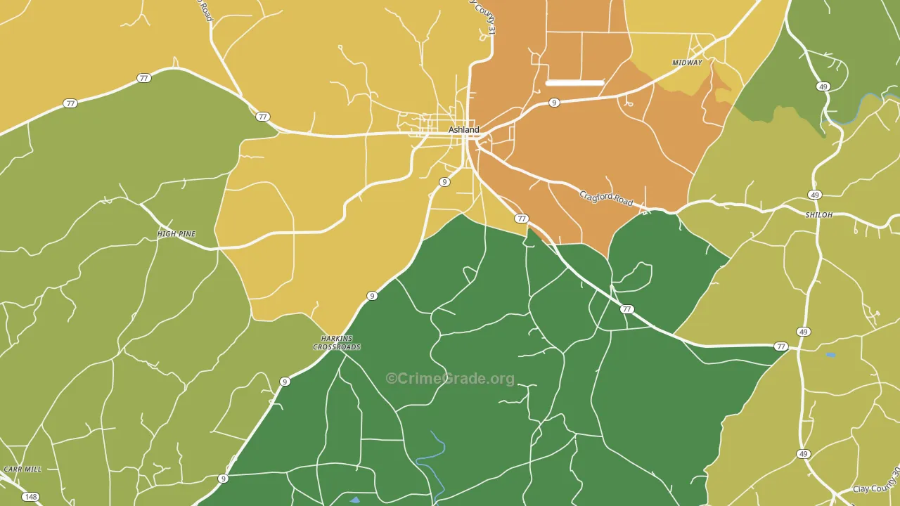 Ashland, AL Map of Burglary Rates