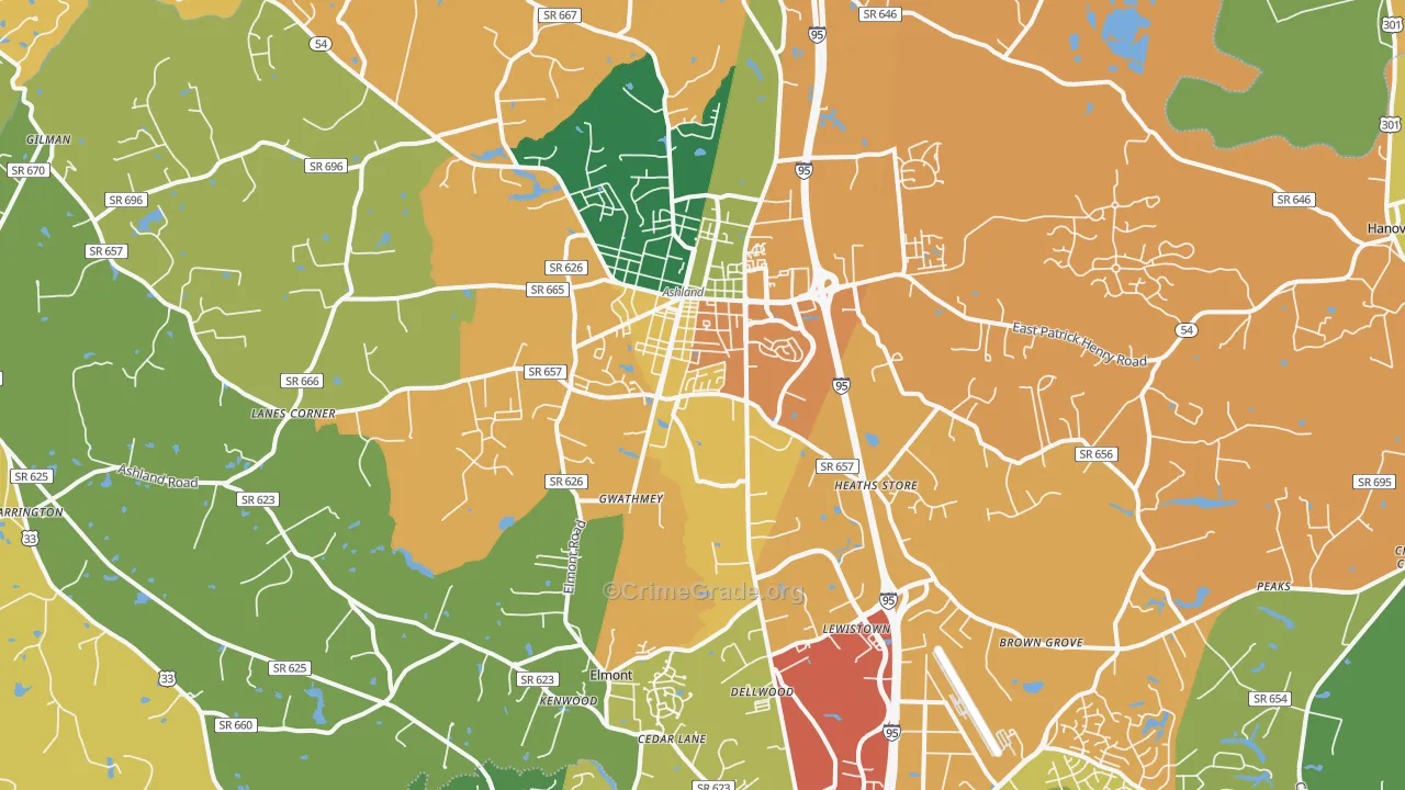 Ashland, VA Map of Burglary Rates