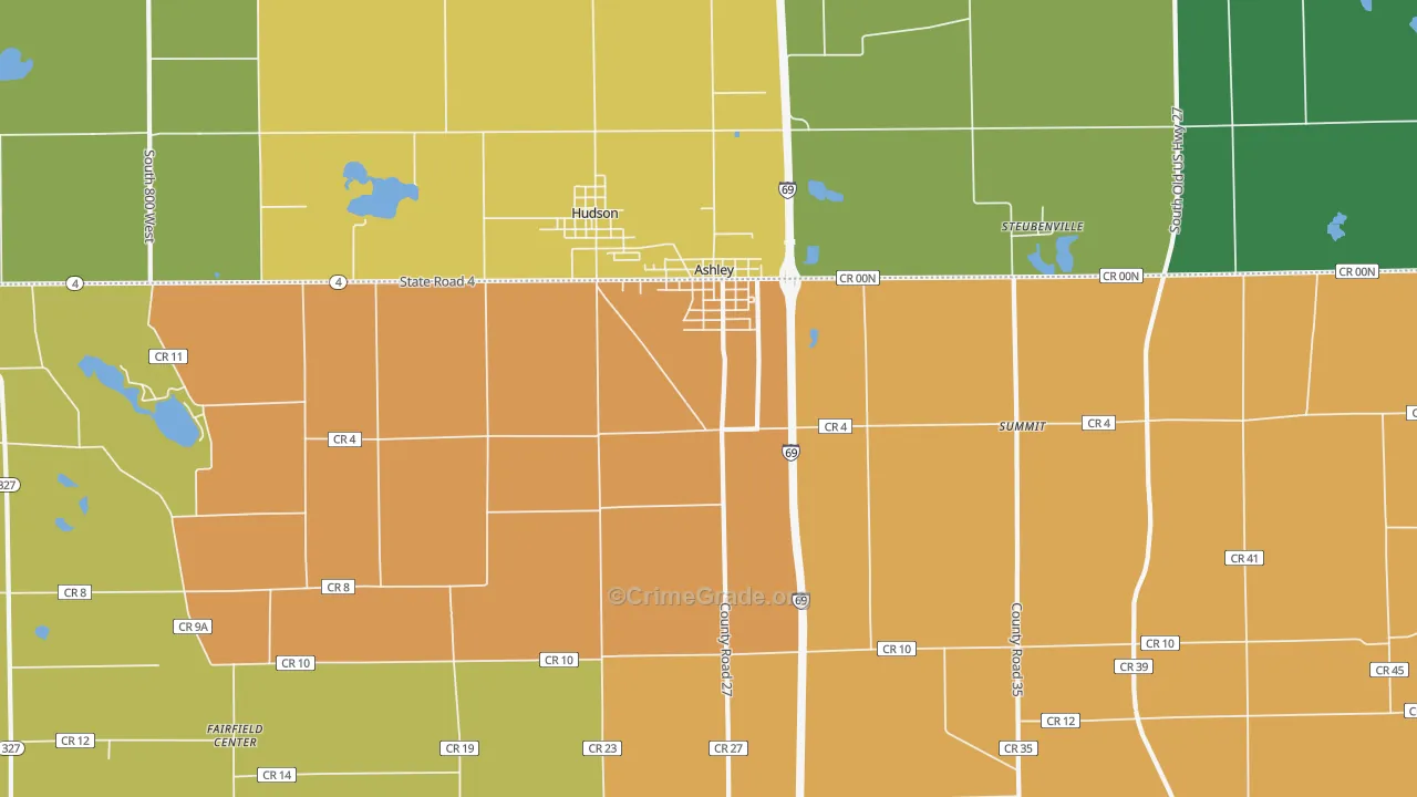 Ashley, IN Map of Burglary Rates