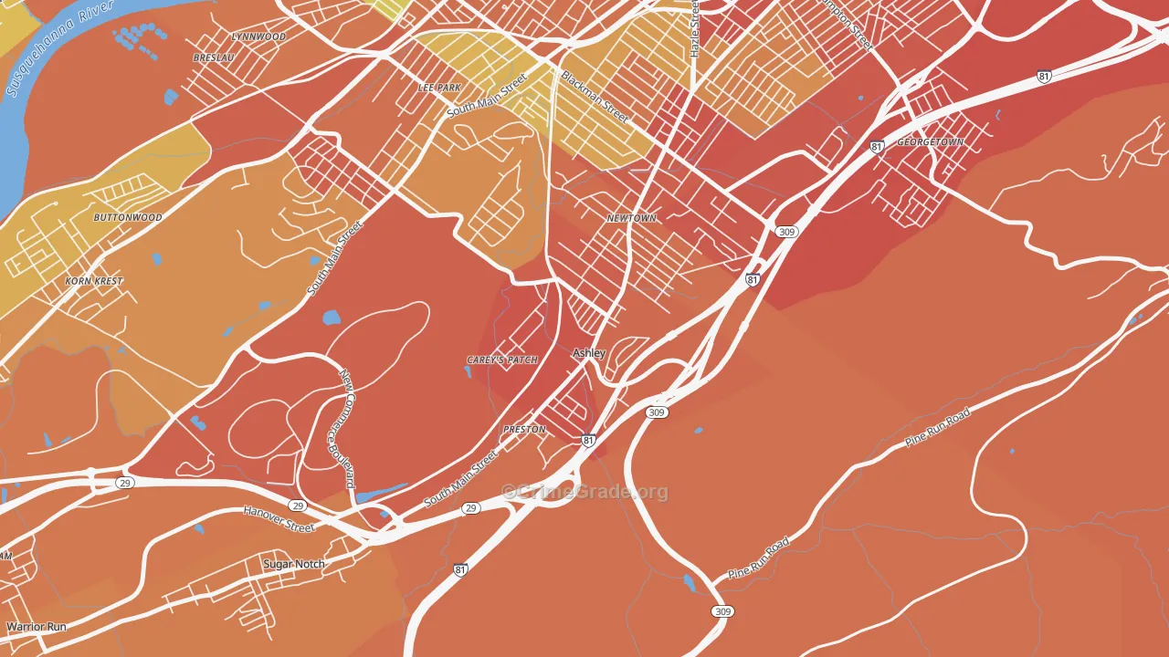 Ashley, PA Map of Burglary Rates