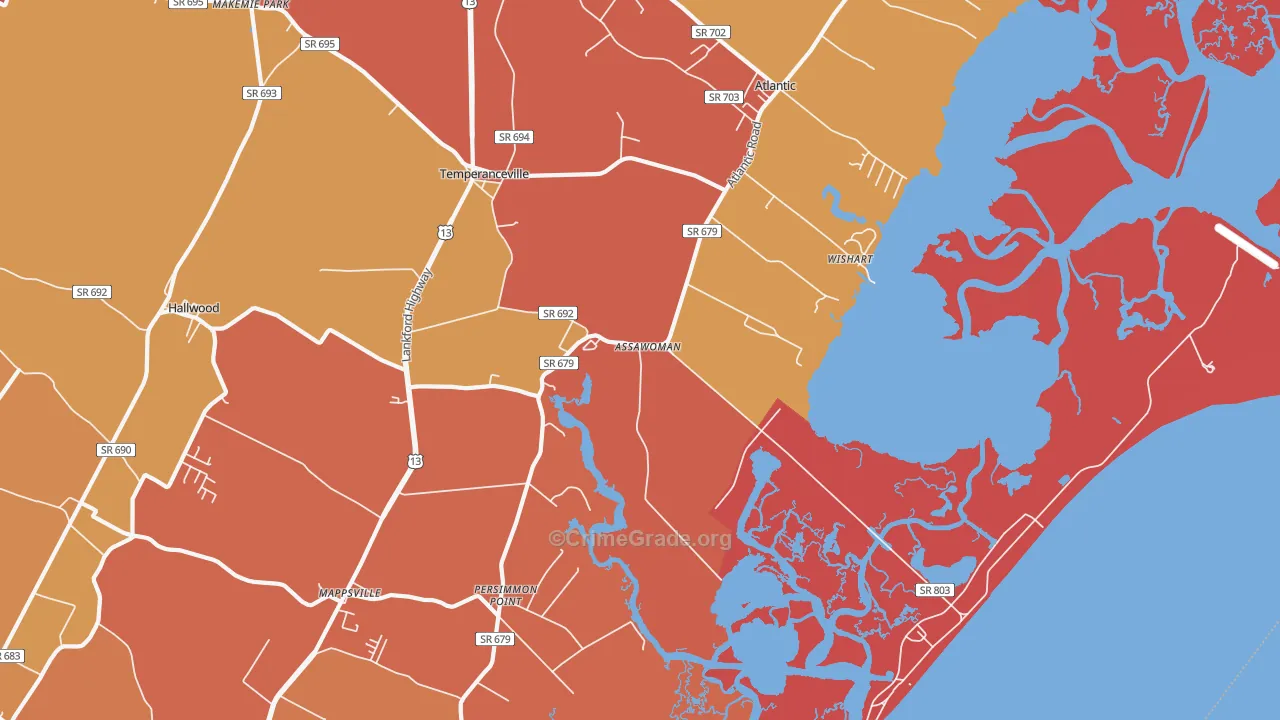 Assawoman, VA Map of Burglary Rates