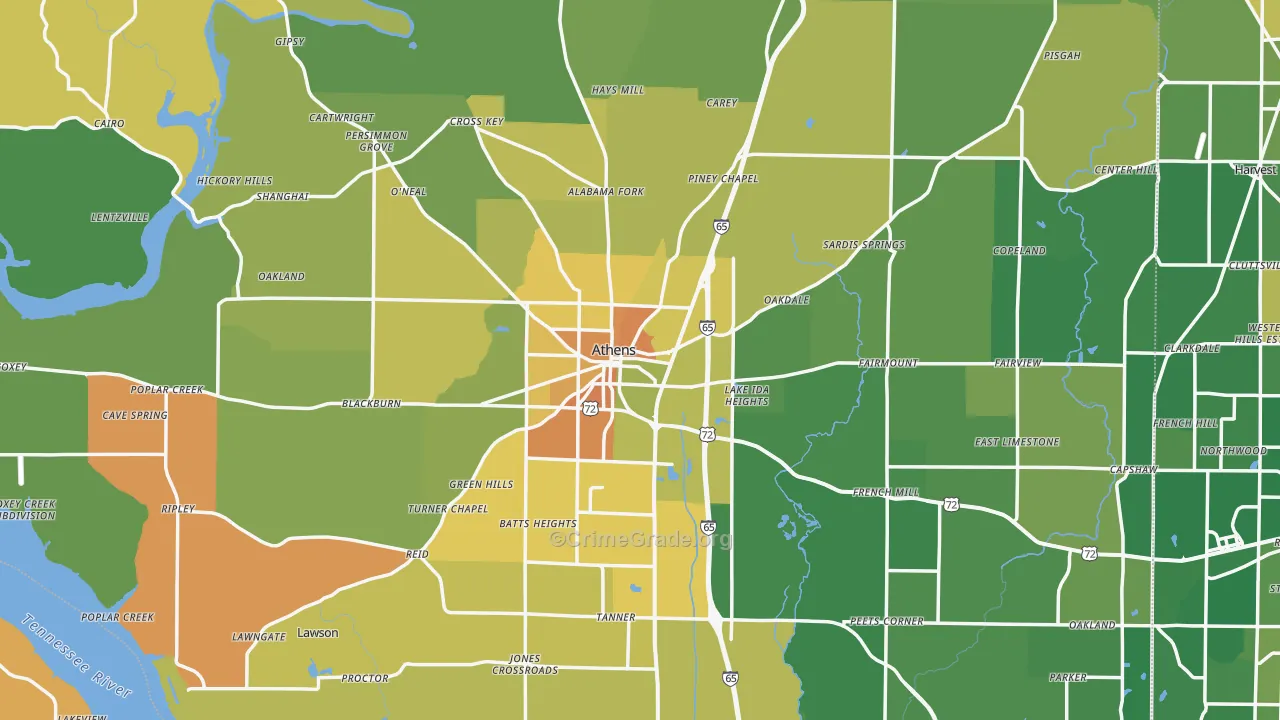 Athens, AL Map of Burglary Rates