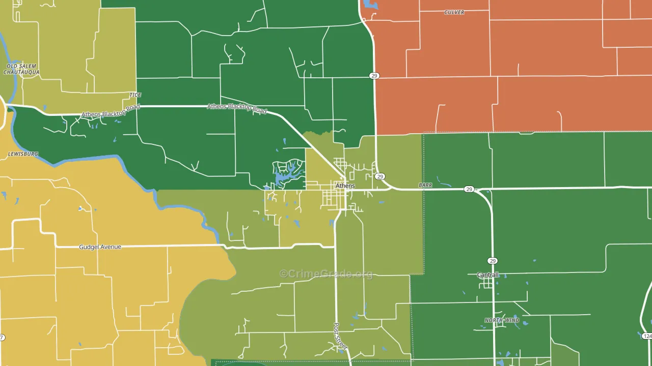 Athens, IL Map of Burglary Rates