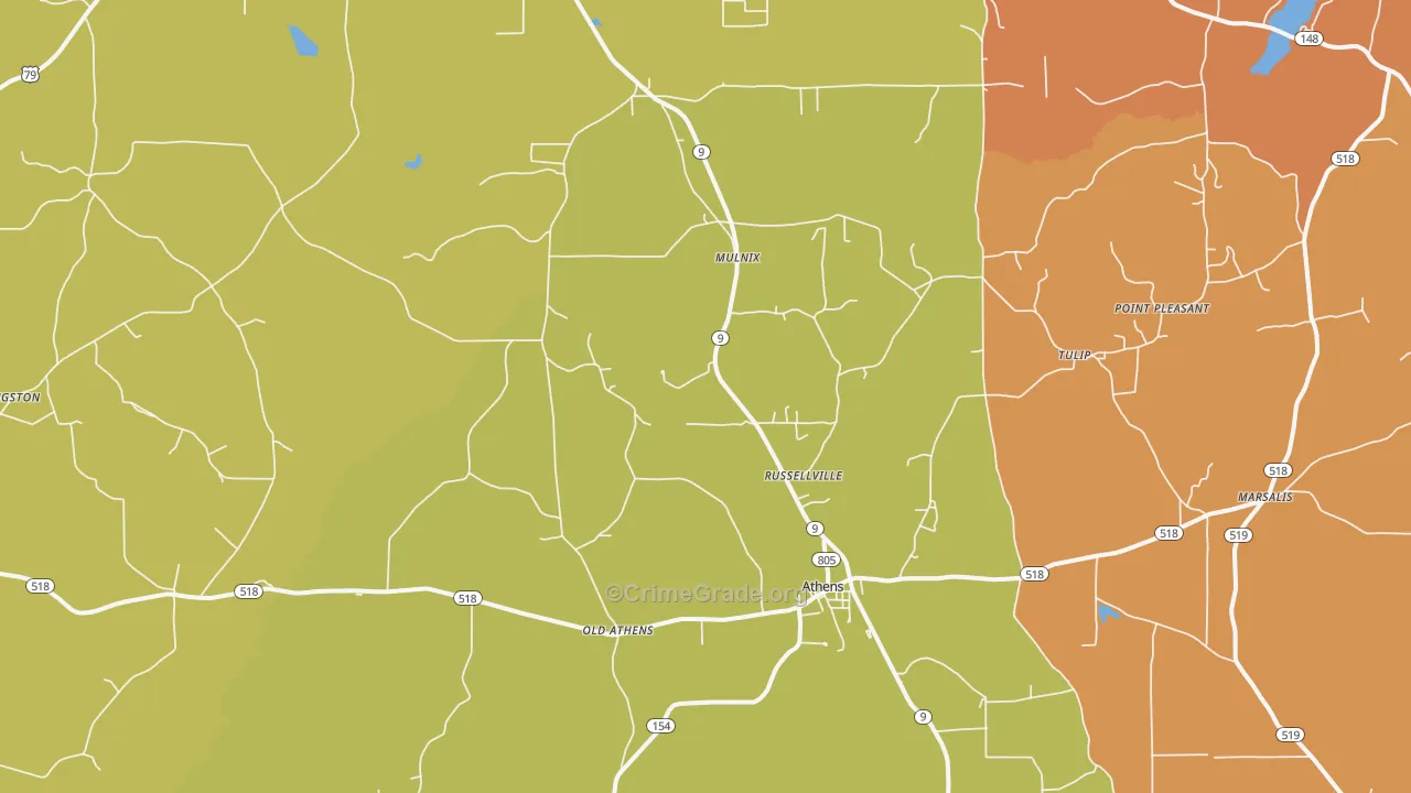 Athens, LA Map of Burglary Rates