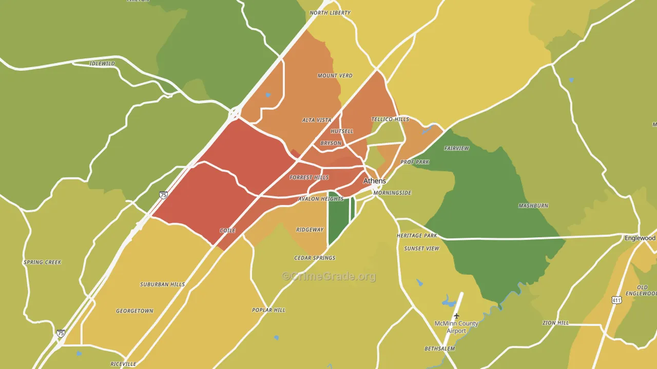 Athens, TN Map of Burglary Rates