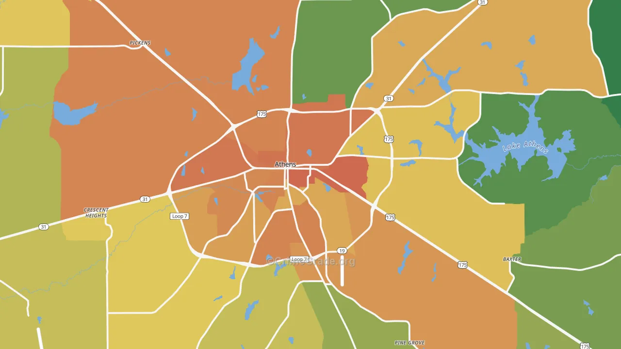 Athens, TX Map of Burglary Rates