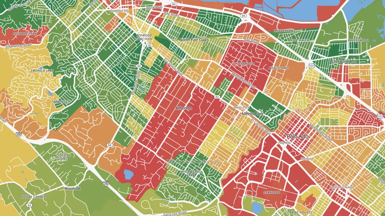 Atherton, CA Map of Burglary Rates