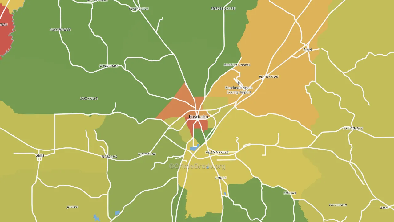Attala County, MS Map of Burglary Rates