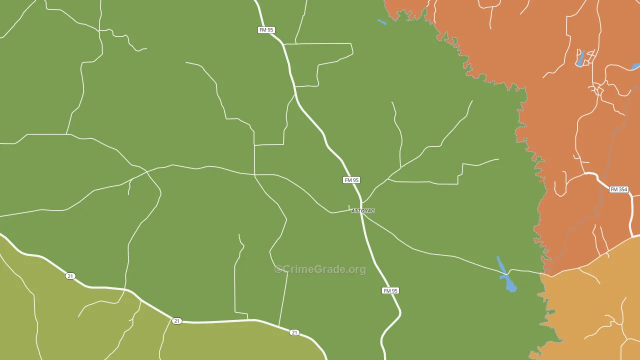 Attoyac, TX Map of Burglary Rates