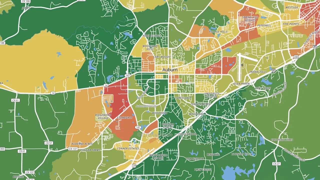 Auburn, AL Map of Burglary Rates