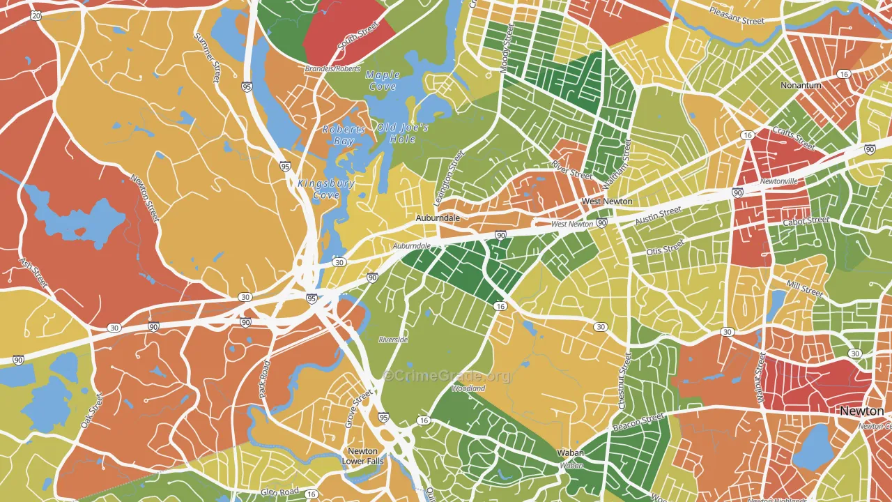 Auburndale, MA Map of Burglary Rates